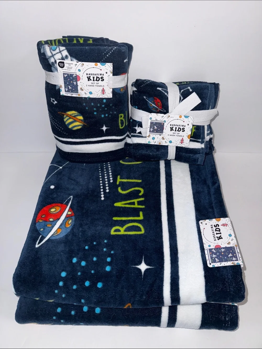 NWT Kassafina Kids 8 Pc Cotton Bath Towel Set Space Rocket Ship Astronaut Blue